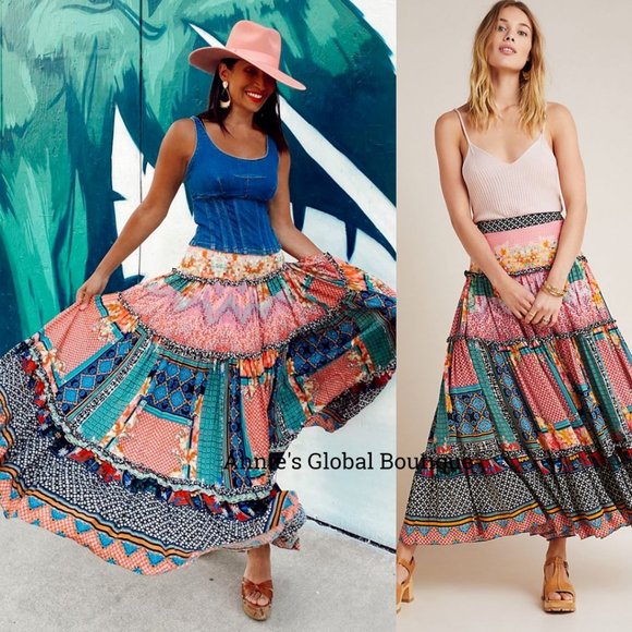 RARE NWT ANTHROPOLOGIE Bhanuni by Jyoti Celina Tiered Maxi Skirt. Size 0 - Picture 2 of 14